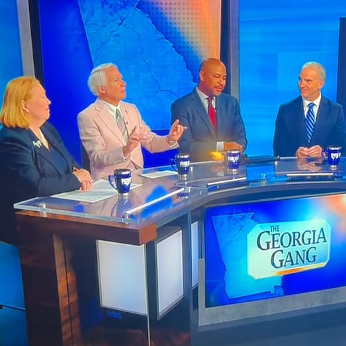 This screenshot shows the episode of Fox 5's “The Georgia Gang” that aired on Sunday, Aug. 23, 2026, after panelist Phil Kent (second from left) said free speech had limits and that a person shouldn't wear a T-shirt condoning violence like “Kill Tharon Johnson.” Johnson (center) reacted to that comment with a grimace, saying “Don't say that, Phil.” (Courtesy of Fox 5)