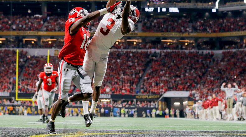 Alabama wide receiver Calvin Ridley (misses a pass in the end zone during the second half of the College Football Playoff National Championship in Atlanta earlier this year. ALYSSA POINTER/ALYSSA.POINTER@AJC.COM