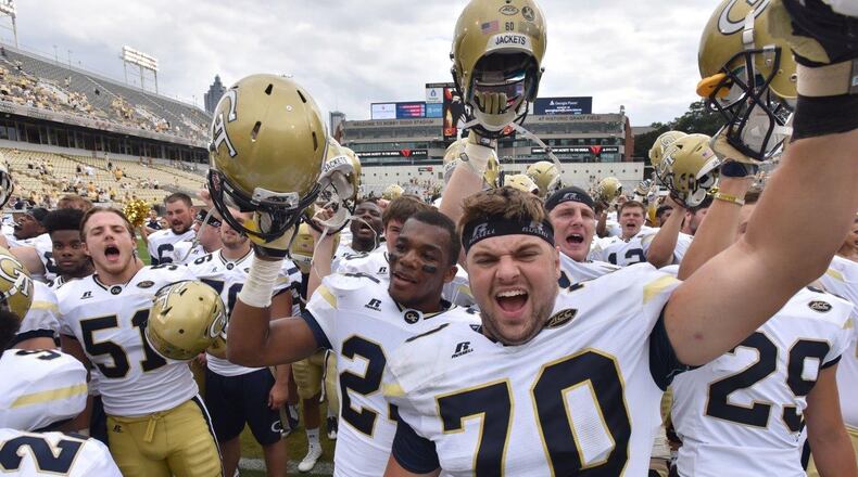 Georgia Tech celebrates its 2016 win over Vanderbilt.