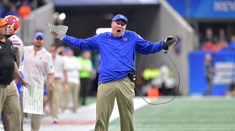 Florida Gators head coach Dan Mullen reacts in the first half of the Chick-fil-A Peach Bowl at Mercedes-Benz Stadium on Saturday, December 29, 2018. HYOSUB SHIN / HSHIN@AJC.COM