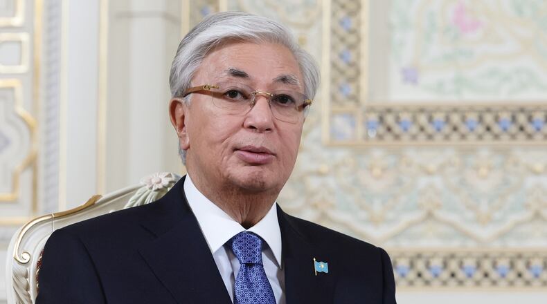 FILE - Kazakh President Kassym-Jomart Tokayev attends a meeting with Russian President Vladimir Putin on the sidelines of the summit of the Commonwealth of Independent States at the Palace of the Nation in Dushanbe, Tajikistan, Oct. 10, 2025. (Vladimir Smirnov, Sputnik, Kremlin Pool Photo via AP, File)