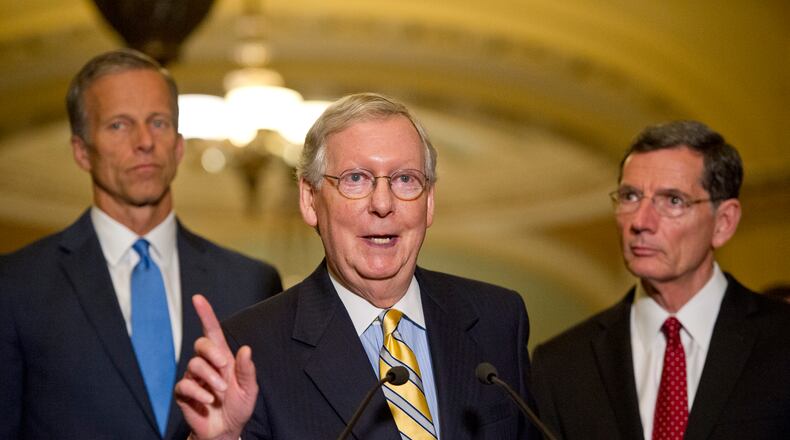 Senate Majority Leader Mitch McConnell (R-Ky.) speaks to reporters in the U.S. Capitol on Tuesday. (Ron Sachs/CNP/Sipa USA/TNS)