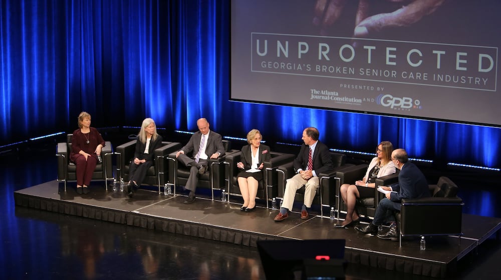 The Atlanta Journal-Constitution hosted a community conversation about the AJC’s “Unprotected” reporting investigation at Georgia Public Broadcasting last October. Panelists consisted of (right to left) Bill Nigut, host and executive producer of Political Rewind for Georgia Public Broadcasting; Carrie Teegardin, AJC investigative reporter; Brad Schrade, AJC investigative reporter; State Rep. Sharon Cooper, R-Marietta; Jason Marbutt, Cobb County Senior assistant district attorney; Melanie McNeil, Georgia Long-term Care Ombudsman; and Ginny Helms, President-CEO of LeadingAge Georgia. (Tyson Horne/Tyson.Horne@ajc.com)