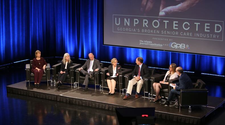 The Atlanta Journal-Constitution hosted a community conversation about the AJC’s “Unprotected” reporting investigation at Georgia Public Broadcasting last October. Panelists consisted of (right to left) Bill Nigut, host and executive producer of Political Rewind for Georgia Public Broadcasting; Carrie Teegardin, AJC investigative reporter; Brad Schrade, AJC investigative reporter; State Rep. Sharon Cooper, R-Marietta; Jason Marbutt, Cobb County Senior assistant district attorney; Melanie McNeil, Georgia Long-term Care Ombudsman; and Ginny Helms, President-CEO of LeadingAge Georgia. (Tyson Horne/Tyson.Horne@ajc.com)