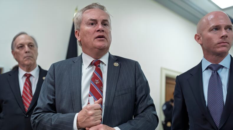 House Oversight Committee Chairman James Comer, R-Ky., flanked by Rep. Andy Biggs, R-Ariz., left, and Rep. William Timmons, R-S.C., speaks to reporters after a closed-circuit deposition with Ghislaine Maxwell, the former girlfriend and confidante of sex trafficker Jeffrey Epstein, at the Capitol in Washington, Monday, Feb. 9, 2026. (AP Photo/J. Scott Applewhite)