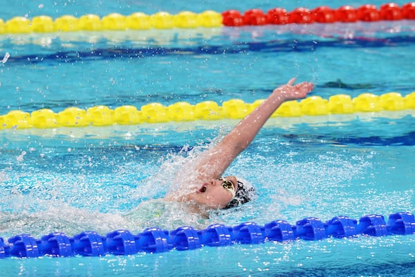In this photo taken May 24, 2025 and released by Hebei Taihua Jinye Swimming Club, 12 years old Chinese swimmer Yu Zidi competes in the final of the the Women's 400m Individual Medley for the 2025 National Swimming Championships held in Shenzhen in southern China's Guangdong province. (Hebei Taihua Jinye Swimming Club via AP)