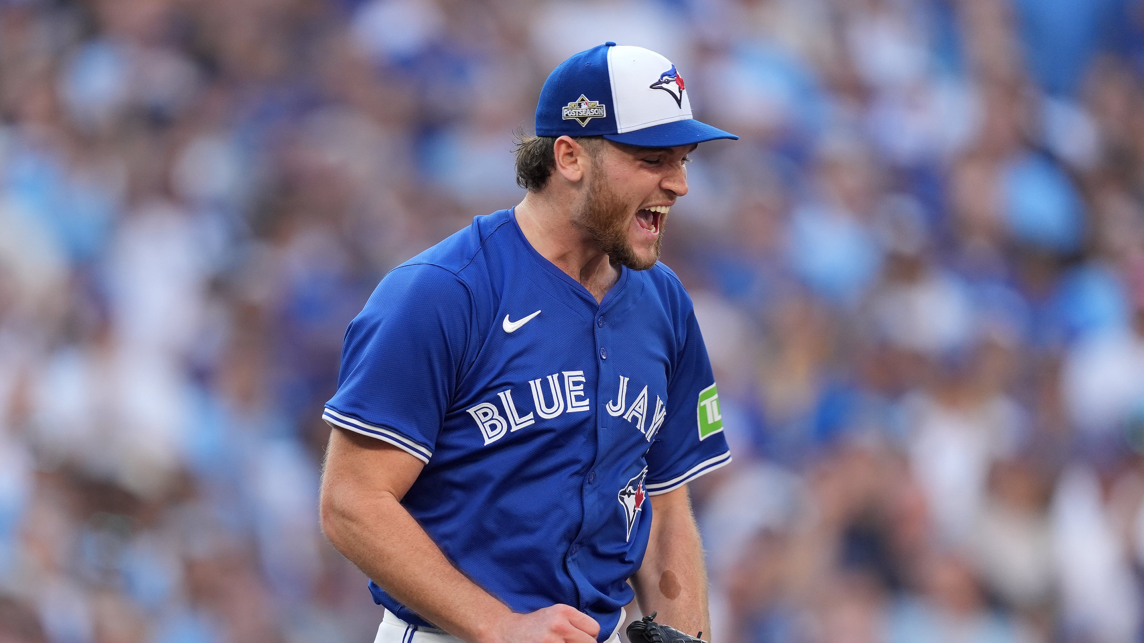 Toronto Blue Jays pitcher Trey Yesavage celebrates after striking out the New York Yankees' side during the fourth inning of Game 2 of baseball's American League Division Series in Toronto, Sunday, Oct. 5, 2025. (Frank Gunn/The Canadian Press via AP)