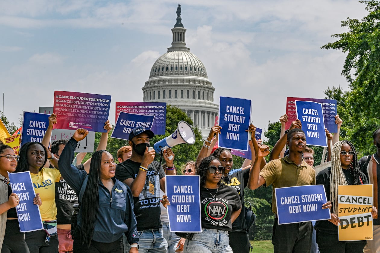 Demonstrators calling for the cancellation of student debt, in Washington, June 30, 2023. The Biden administration’s new income-driven repayment plan, SAVE, will reduce payments for millions of borrowers and more will qualify for $0 payments. (Kenny Holston/The New York Times)