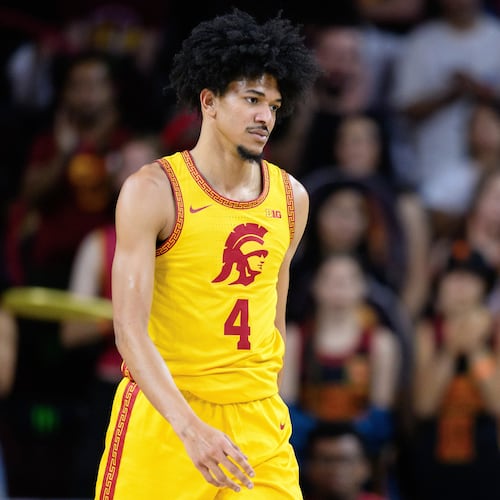 FILE - Southern California forward Chad Baker-Mazara walks on the court during the second half of an NCAA college basketball game against Nebraska, Feb. 28, 2026, in Los Angeles. (AP Photo/William Liang, File)
