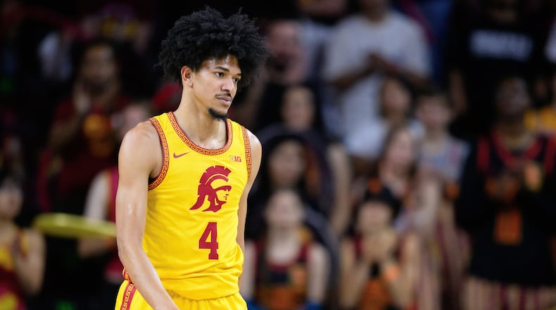 FILE - Southern California forward Chad Baker-Mazara walks on the court during the second half of an NCAA college basketball game against Nebraska, Feb. 28, 2026, in Los Angeles. (AP Photo/William Liang, File)