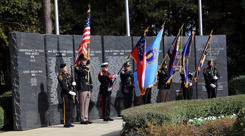 Due to the forecast, Gwinnett has decided to move the county’s Veterans Day Ceremony from the Fallen Heroes Memorial indoors beginning at 11 a.m. to the auditorium of the Gwinnett Justice and Administration Center, 75 Langley Drive in Lawrenceville. Shown here: the Veterans Day Ceremony in 2019 at the Fallen Heroes Memorial. (Courtesy Gwinnett County)