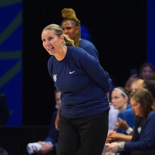 Minnesota Lynx head coach Cheryl Reeve, right, questions a call during the second half of a WNBA basketball game against the Dallas Wings in Arlington, Texas, Sunday, June 28, 2026. (AP Photo/LM Otero)