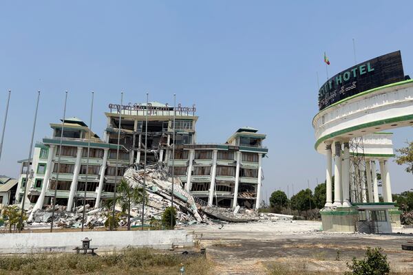 Damaged buildings are seen in the aftermath of Friday's earthquake in Naypyitaw, Myanmar, Wednesday, April 2, 2025. (AP Photo)