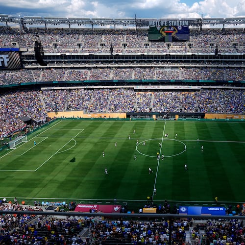 FILE - General view of the MetLife stadium during the Club World Cup semifinal soccer match between Fluminense and Chelsea in East Rutherford, N.J., Tuesday, July 8, 2025. (AP Photo/Pamela Smith, File)