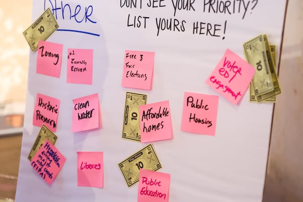 During a recent meet-and-greet event for Rohit Malhotra at the Atlanta Preservation Center, attendees were given fake money symbolizing the city budget and asked to dole out how they would spend the funds. (Abbey Cutrer/AJC)