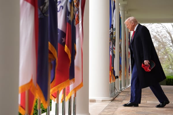 President Donald Trump arrives to speak during an event to announce new tariffs in the Rose Garden of the White House, Wednesday, April 2, 2025, in Washington. (AP Photo/Evan Vucci)