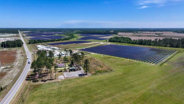 An aerial image shows a large construction site where Silicon Ranch is building one of Georgia’s largest solar farms near Alma. (Miguel Martinez/AJC)
