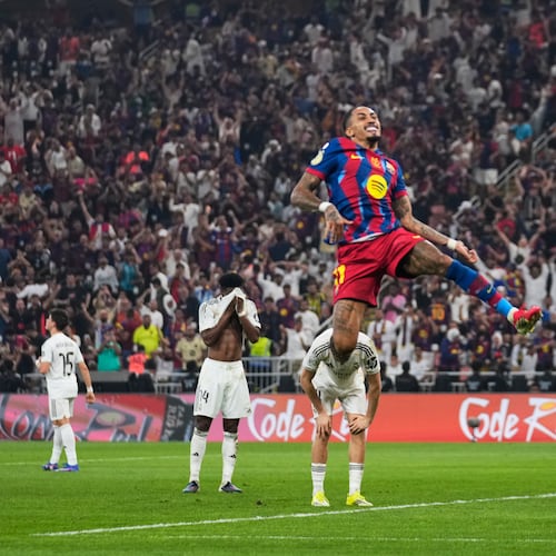 Barcelona's Raphinha celebrates after scoring his second goal during the Spanish Super Cup final soccer match against Real Madrid at King Abdullah Sports City Stadium in Jeddah, Saudi Arabia, Sunday, Jan. 11, 2026. (AP Photo/Altaf Qadri)