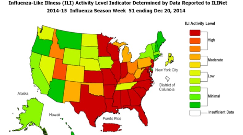 This map represents the spread of the flu as of the week of December 14-20, 2014, according to the CDC. As the CDC notes: "This map uses the proportion of outpatient visits to health care providers for influenza-like illness to measure the ILI activity level within a state. It does not, however, measure the extent of geographic spread of flu within a state. Therefore, outbreaks occurring in a single city could cause the state to display high activity levels."