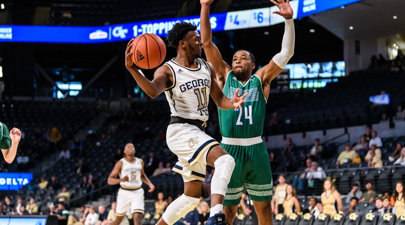 Georgia Tech guard Bubba Parham scored a team-high 15 points on 5-for-5 shooting from 3-point range in the Yellow Jackets' 98-76 win over Division II Georgia College in an exhibition game at McCamish Pavilion Oct. 20, 2019.