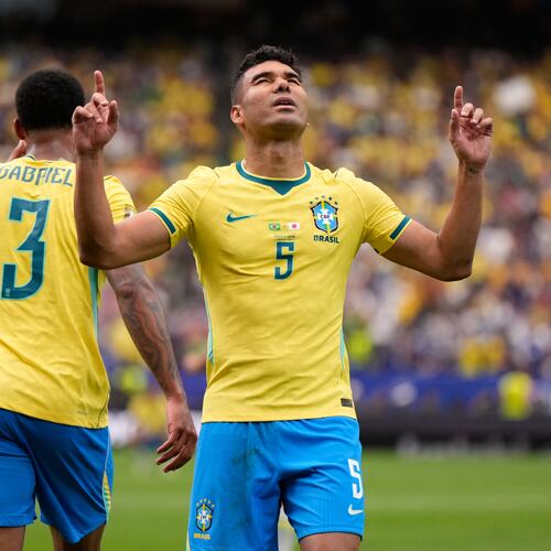 Brazil's Casemiro (5) celebrates after scoring his side's first goal during the World Cup round of 32 soccer match between Brazil and Japan in Houston, Monday, June 29, 2026. (AP Photo/Ashley Landis)