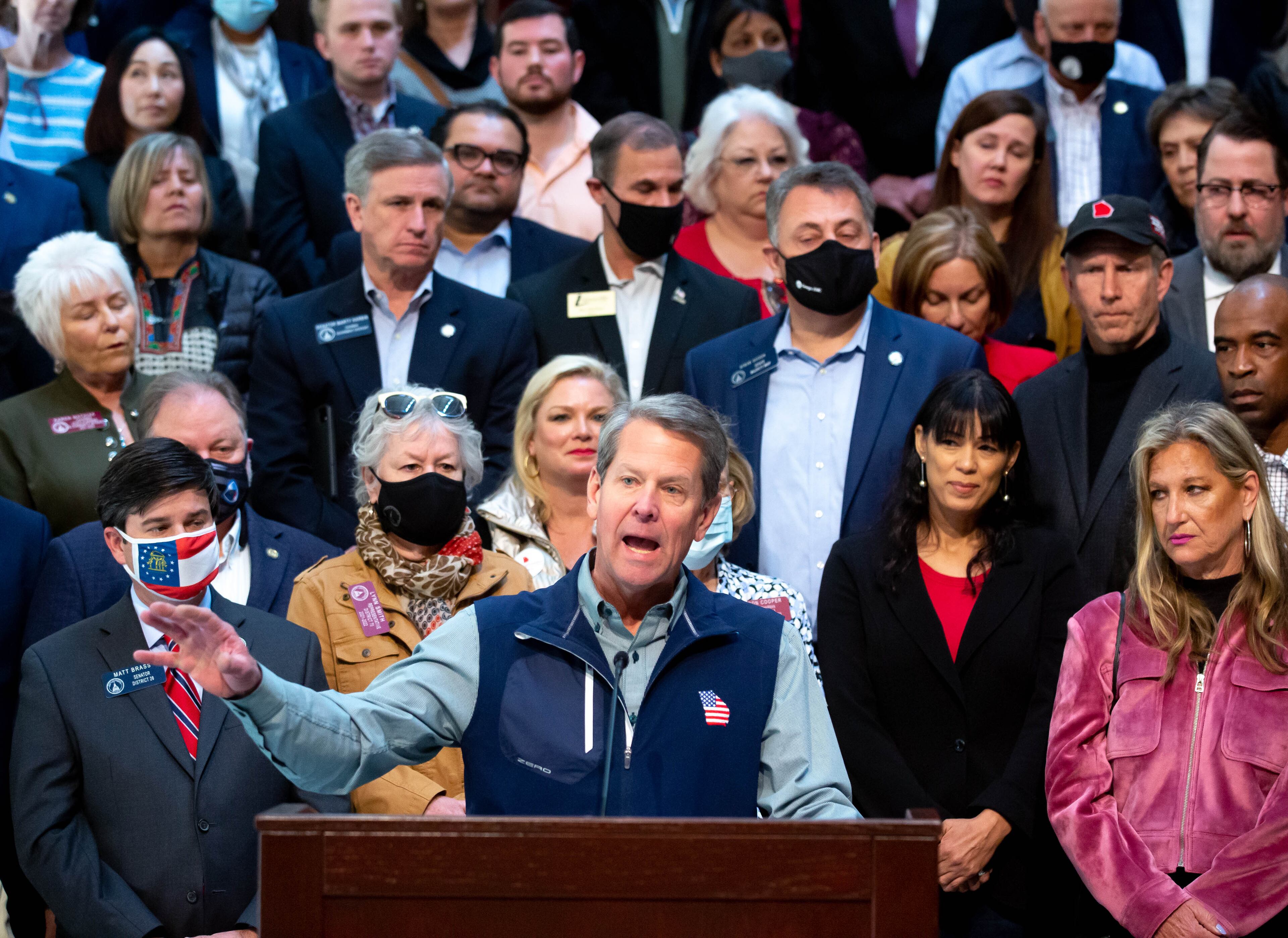 Gov. Brian Kemp spoke at a press conference at the Capitol on Saturday, April 3, 2021, as he and his supporters blasted Major League Baseball's decision to move the All-Star game from Georgia over the state's new voting law. (Steve Schaefer/AJC)