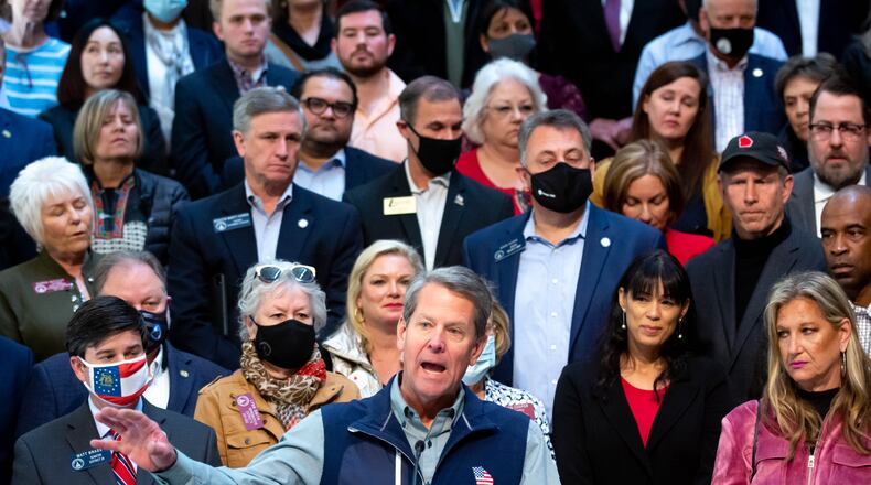 Gov. Brian Kemp speaks at a press conference at the Capitol on Saturday, April 3, 2021, as he and his supporters blast Major League Baseball's decision to move the All-Star game from Georgia over the state's new voting law. (Steve Schaefer/AJC