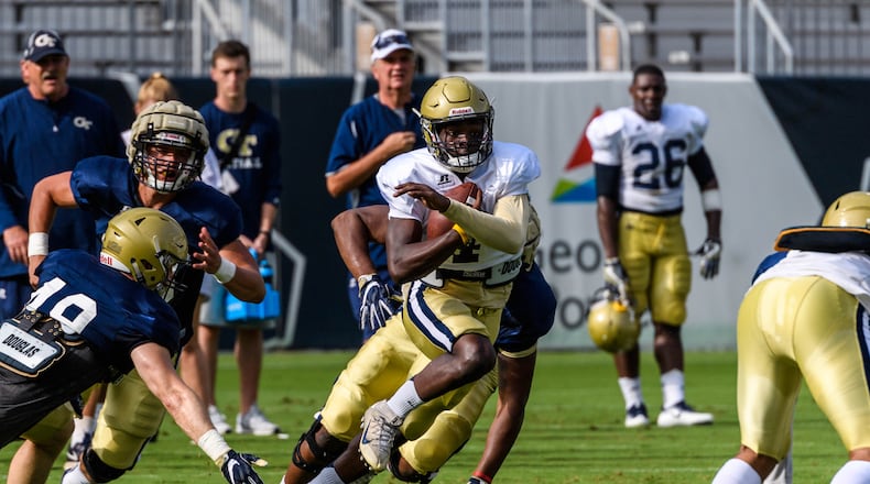 Georgia Tech redshirt freshman Jay Jones runs the ball in the Yellow Jackets' scrimmage August 12, 2017, at Bobby Dodd Stadium.
