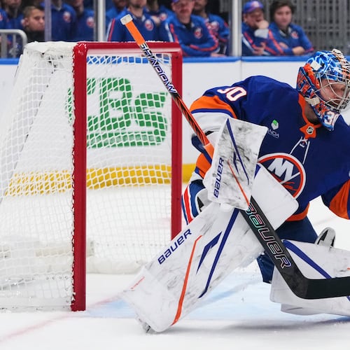 New York Islanders goaltender Ilya Sorokin (30) stops a shot during the second period of an NHL hockey game against the New Jersey Devils Tuesday, Jan. 6, 2026, in Elmont, N.Y. (AP Photo/Frank Franklin II)