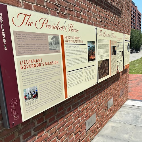 Visitors view the reinstalled educational panels about slavery at the site of President George Washington's home in Philadelphia, Wednesday, July 15, 2026. (AP Photo/Tassanee Vejpongsa)