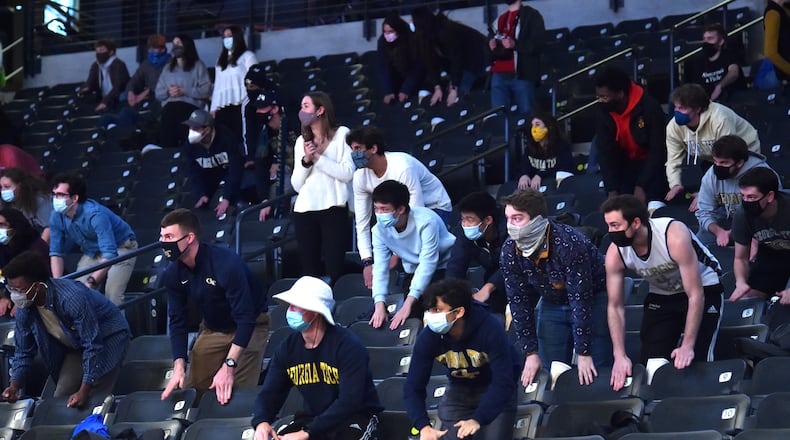 February 6, 202, 2021 Atlanta - Georgia Tech fans make noise in the second half of a NCAA college basketball game at Georgia Tech's McCamish Pavilion in Atlanta on Saturday, February 6, 2021. Georgia Tech won 82-80 over Notre Dame. (Hyosub Shin / Hyosub.Shin@ajc.com)