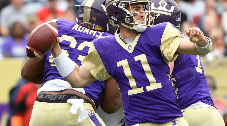 Atlanta Legends quarterback Aaron Murray looks to pass against the Memphis Express during the first quarter Sunday, March 10, 2019, at Georgia State Stadium in Atlanta.