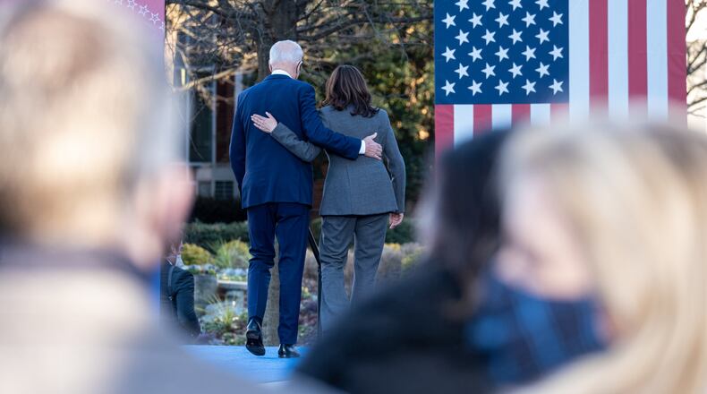 U.S. President Joe Biden and Vice President Kamala Harris leave the stage after speaking about voting rights at Clark Atlanta University on Tuesday, Jan. 11, 2022. (Ben Gray/The Atlanta Journal-Constitution/TNS)