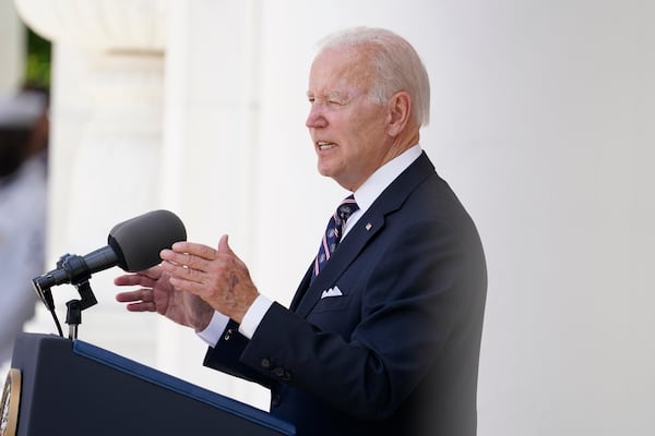 FILE - President Joe Biden speaks at the Memorial Amphitheater after laying a wreath at The Tomb of the Unknown Soldier at Arlington National Cemetery on Memorial Day, May 30, 2022, in Arlington, Va. (AP Photo/Andrew Harnik, File)