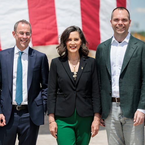 From left; OpenAI CEO Sam Altman, Related Companies CEO Brent Behrman, Gov. Gretchen Whitmer and Oracle CEO Clay Magouyrk during the groundbreaking for the Barn data center in Saline Township , Mich., on Monday, June 1, 2026. (Jacob Hamilton/Ann Arbor News via AP)