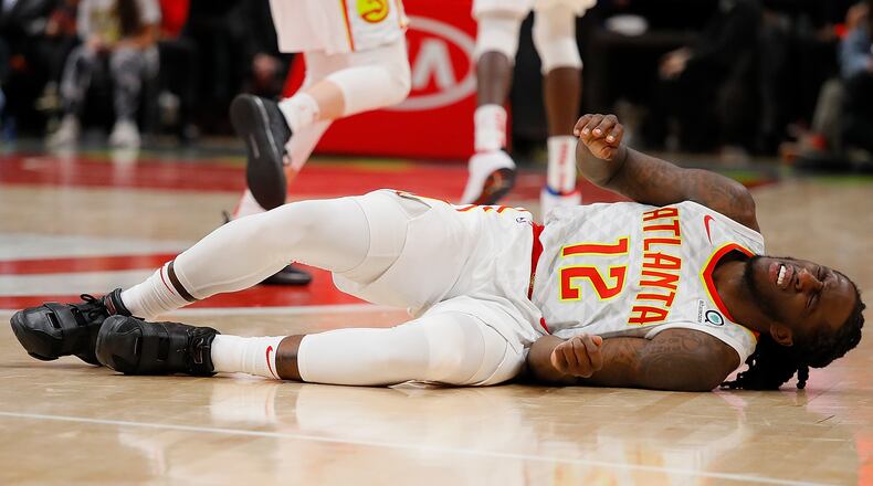 Taurean Prince of the Atlanta Hawks reacts against the Golden State Warriors at State Farm Arena on December 3, 2018 in Atlanta, Georgia.