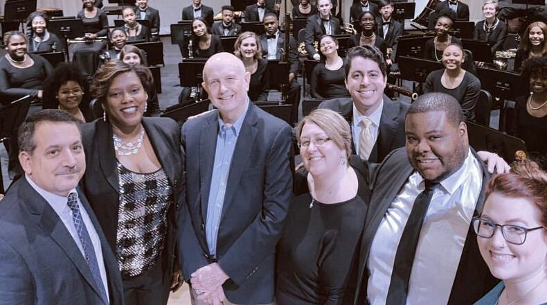 Fayette County High School’s new auditorium was dedicated at a ceremony attended by fine arts faculty members Jeff Angelou, Dr. Myra Rhoden, Dr. Johnnie Vinson, Patti Davis, Andrew McMillen, Derwin Davis and Joanna Roberts, and included a special performance. Courtesy Fayette County Public Schools