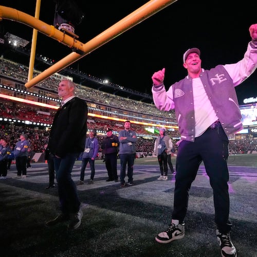 Former NFL tight end Rob Gronkowski dances during halftime of an NFL football game between the New England Patriots and the New York Jets, Thursday, Nov. 13, 2025, in Foxborough, Mass. (AP Photo/Robert F. Bukaty)
