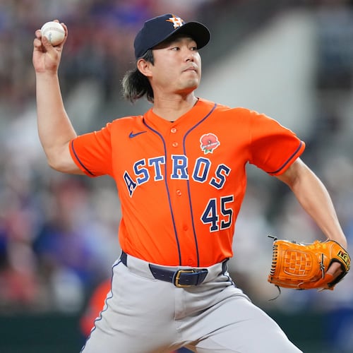 Houston Astros starting pitcher Tatsuya Imai throws to the Texas Rangers during the first inning of a baseball game Monday, May 25, 2026, in Arlington, Texas. (AP Photo/Julio Cortez)