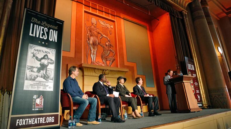 September 23, 2014 - Atlanta - Jeff Foxworthy (from left), Mayor Kasim Reed, Valerie Jackson, Jay Myers, and Allan Vella were speakers at the press conference. 40 years ago the preservationist movement began in Atlanta with the Save the Fox campaign. On Tuesday, The Fox announced a year of events to celebrate that movement, with Jeff Foxworthy serving as a special guest at the press conference in The Fox Theatre Egyptian Ballroom. BOB ANDRES / BANDRES@AJC.COM