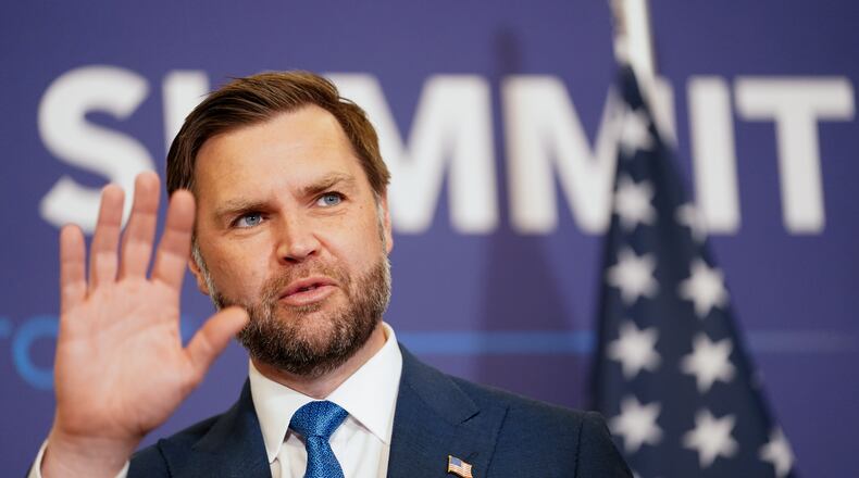 U.S. Vice President JD Vance, gestures as he meets with Pakistan's Prime Minister Shehbaz Sharif, during high-level talks aimed at advancing a deal to end the Middle East conflict, at the Bürgenstock Resort in Obbuergen, near Lucerne, in Switzerland, Sunday, June 21, 2026. (Nathan Howard/Pool Photo via AP)