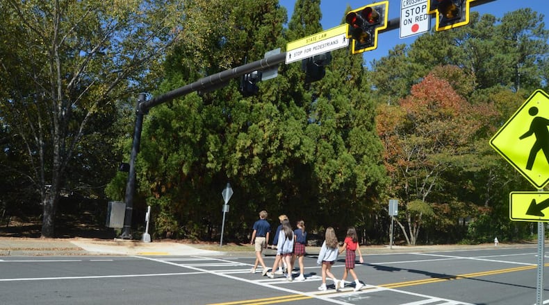 A new High-Intensity Activated CrossWalK (HAWK) light has been installed on Brumbelow Road between Newtown Park and the Mount Pisgah Christian School Patriot Athletic Campus in Johns Creek. (Courtesy City of Johns Creek)