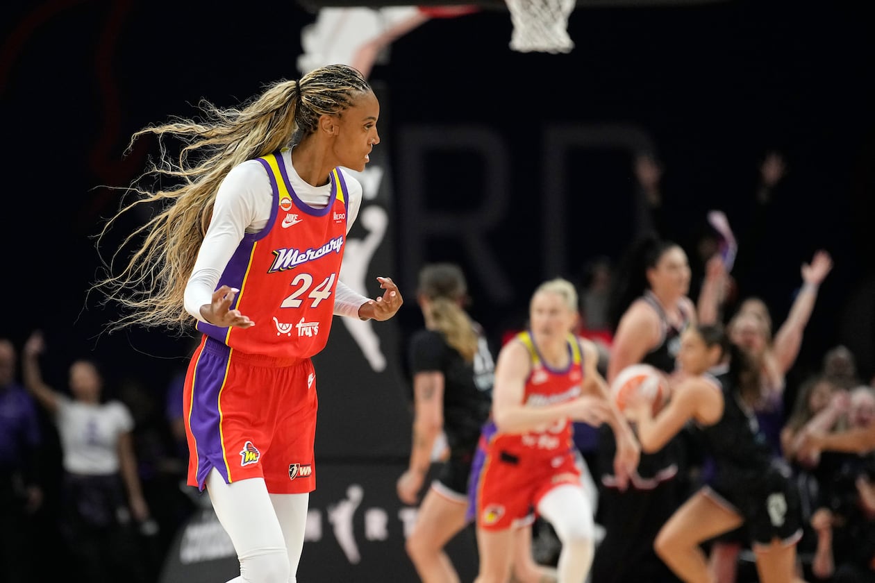 New Atlanta Dream forward-guard DeWanna Bonner is pictured celebrating a 3-pointer for her previous team, the Phoenix Mercury, against the Portland Fire on Sunday, Aug. 16, 2026 in Phoenix. (Ross D. Franklin/AP)