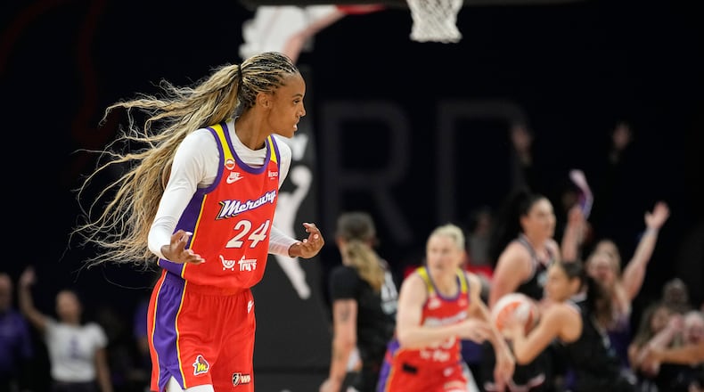 New Atlanta Dream forward-guard DeWanna Bonner is pictured celebrating a 3-pointer for her previous team, the Phoenix Mercury, against the Portland Fire on Sunday, Aug. 16, 2026 in Phoenix. (Ross D. Franklin/AP)