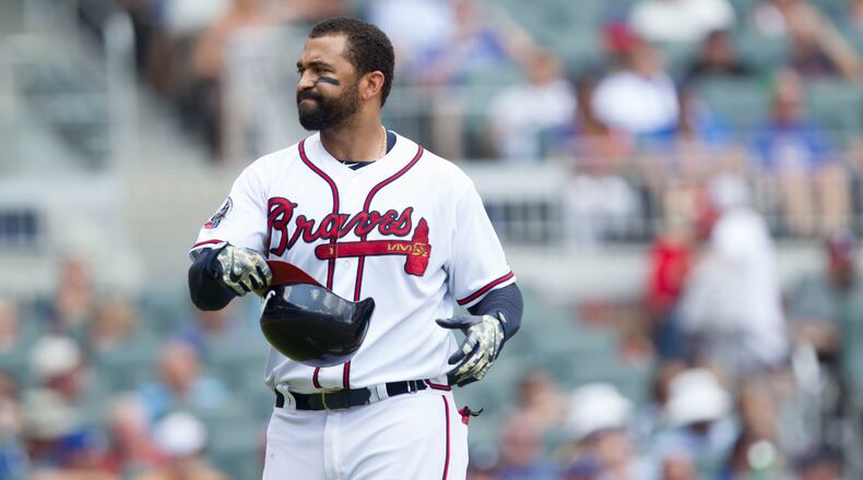 Frustrated after striking out, Left-Fielder, Matt Kemp walks back to the dugout. Chad Rhym/Chad.Rhym@ajc.com