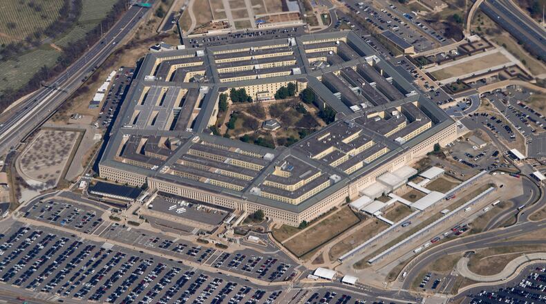 FILE - The Pentagon is seen from Air Force One as it flies over Washington on March 2, 2022. (AP Photo/Patrick Semansky, File)
