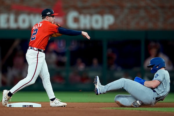Atlanta Braves shortstop Nick Allen (2) makes the play against Los Angeles Dodgers catcher Will Smith (16) in the seventh inning of a baseball game, Friday, May 2, 2025, in Atlanta. (AP Photo/Mike Stewart)
