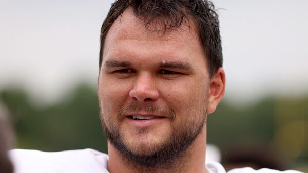 Falcons offensive tackle Jake Matthews turns 35 next February, and, as difficult as it is to imagine, there will come a day he isn’t entrenched along the line. (Jason Getz/AJC 2022)
