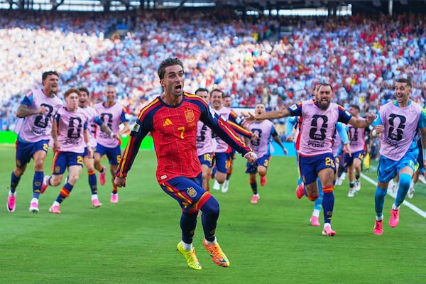 Spain's Ferran Torres celebrates scoring the team's first and only goal during the World Cup final match against Argentina on July 19, 2026. (Julio Cortez/AP)