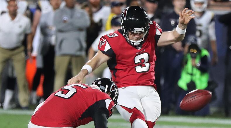 January 6, 2018 Los Angeles: Falcons Matt Bryant makes his first of two field goals after the Falcons recovered a Rams turnover on a kick off during the first quarter in their NFL Wild Card Game on Saturday, January 6, 2018, in Los Angeles.    Curtis Compton/ccompton@ajc.com